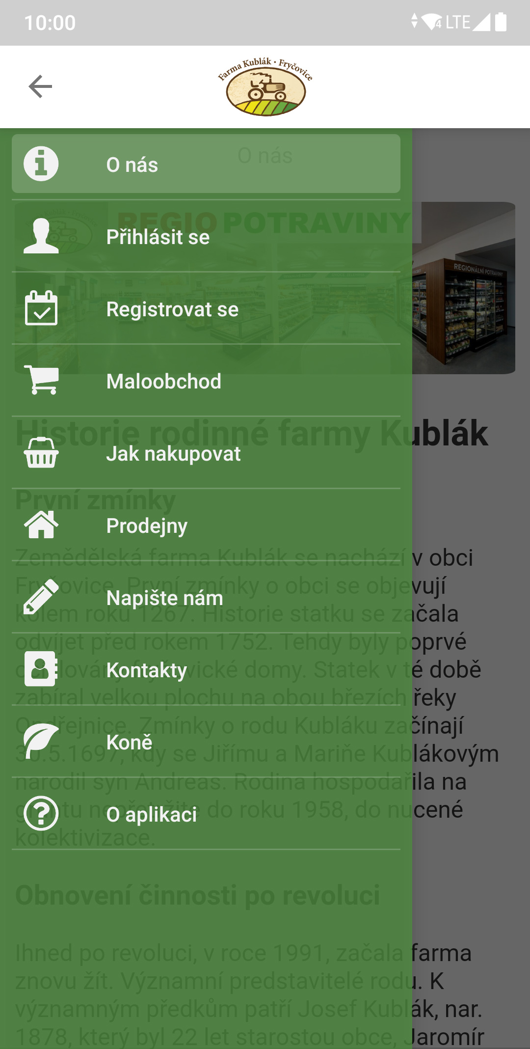 Farma Kublák — Menu aplikácie, snímka obrazovky z Google Play