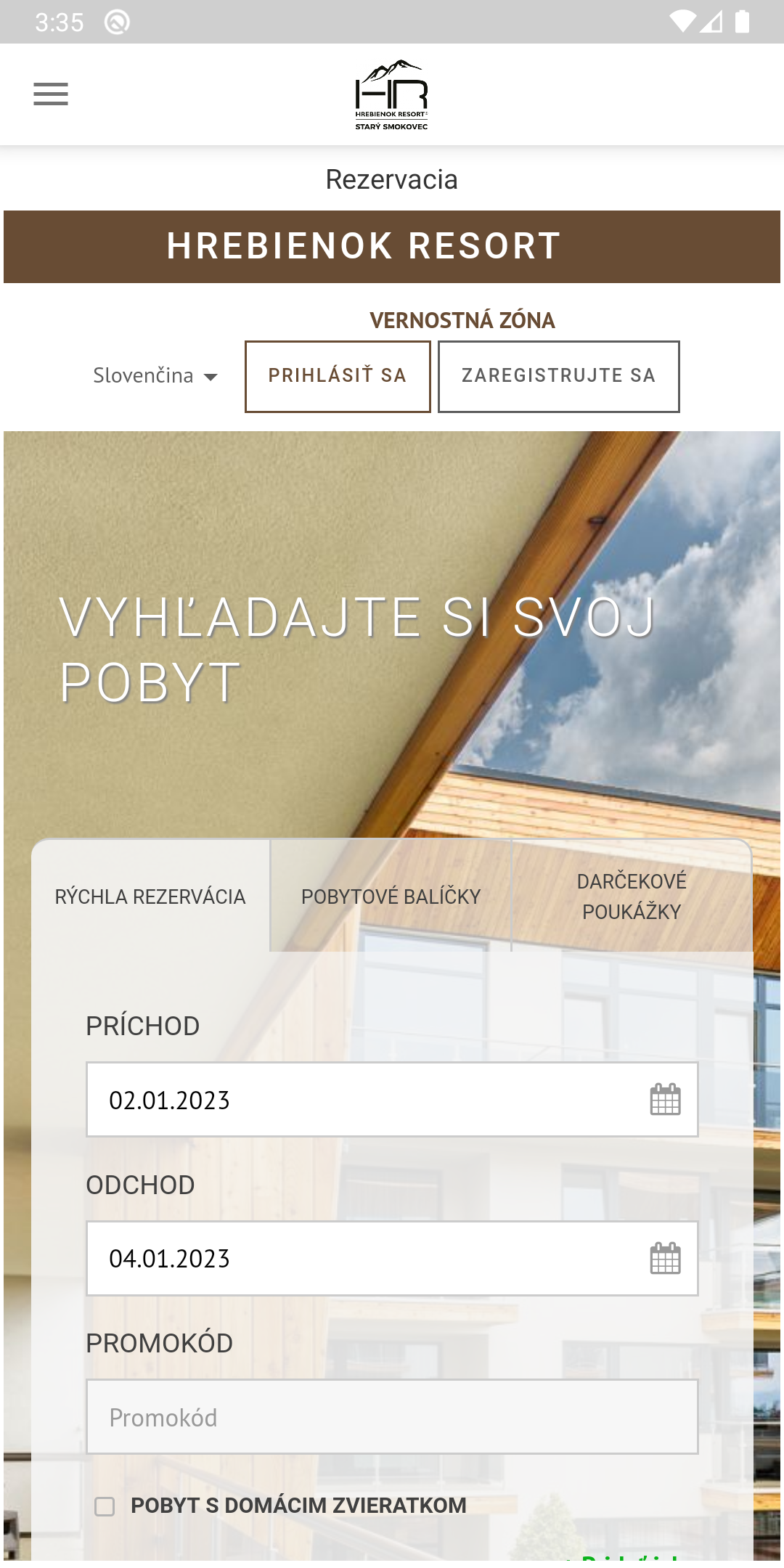 Skutočná obrazovka aplikácie Hrebienok Resort: vyhľadávanie pobytu a pobytové balíčky