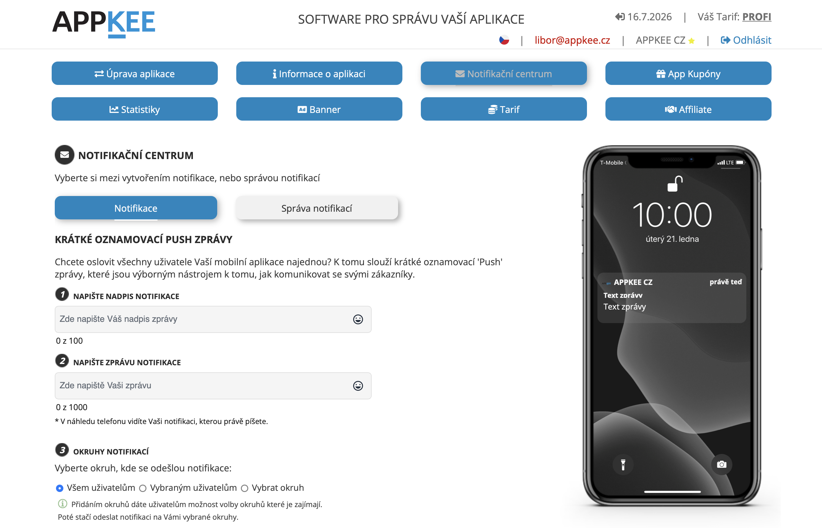 APPKEE manager – notifikačné centrum a tvorba push správ