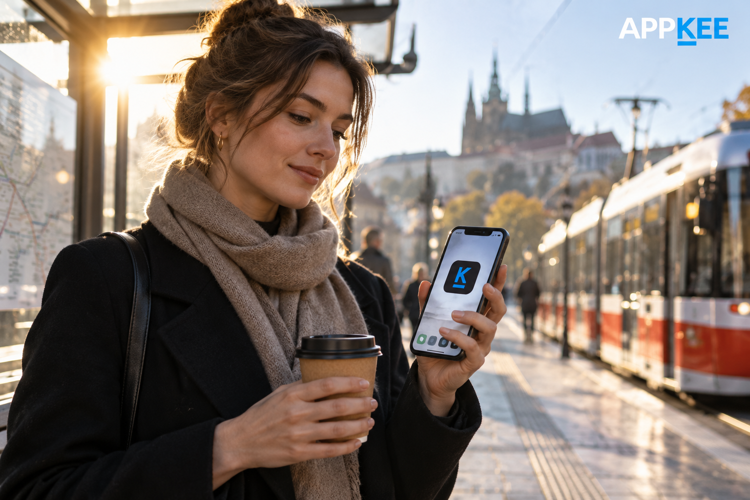 Žena na mestskej zastávke používa mobilnú aplikáciu; v rohu fotografie je logo APPKEE.